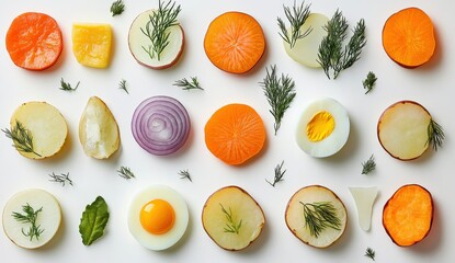 Colorful Sliced Vegetables and Eggs Flat Lay on White Background