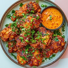 Crispy fried chicken pieces arranged on a plate with a side of orange dipping sauce, garnished with green herbs. Overhead studio shot.