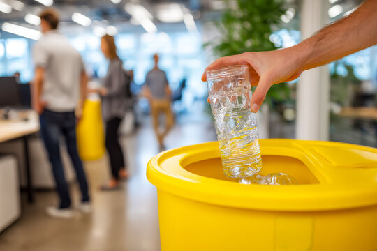 Hand discarding plastic water bottle into yellow recycling bin at office environment