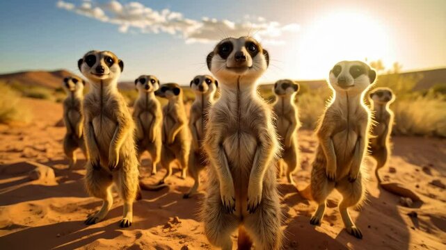 Group of meerkats standing alert on hind legs in a desert landscape under a sunny sky, watchful animals in nature, sand and sunshine.