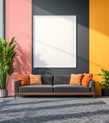 Modern living room interior design with a dark gray sofa, orange throw pillows, and a large blank frame on a wall with pink, gray, and yellow accents. Gray rug and potted plants complete the scene.