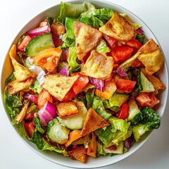 Colorful Vegetable Salad with Toasted Pita Chips in White Bowl