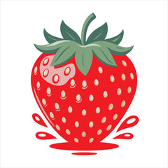 Red Strawberry Fruit Vector Illustration,Fresh Strawberry Clipart Isolated,Cartoon Strawberry Flat Design,Ripe Strawberry Icon Graphic,Strawberry Drawing with Green Leaves,Summer Fruit Strawberry