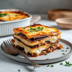 Golden Brown Moussaka with Eggplant and Meat Layers