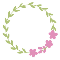 Pink Floral Wreath with Green Leaves - Delicate Botanical Circle Frame