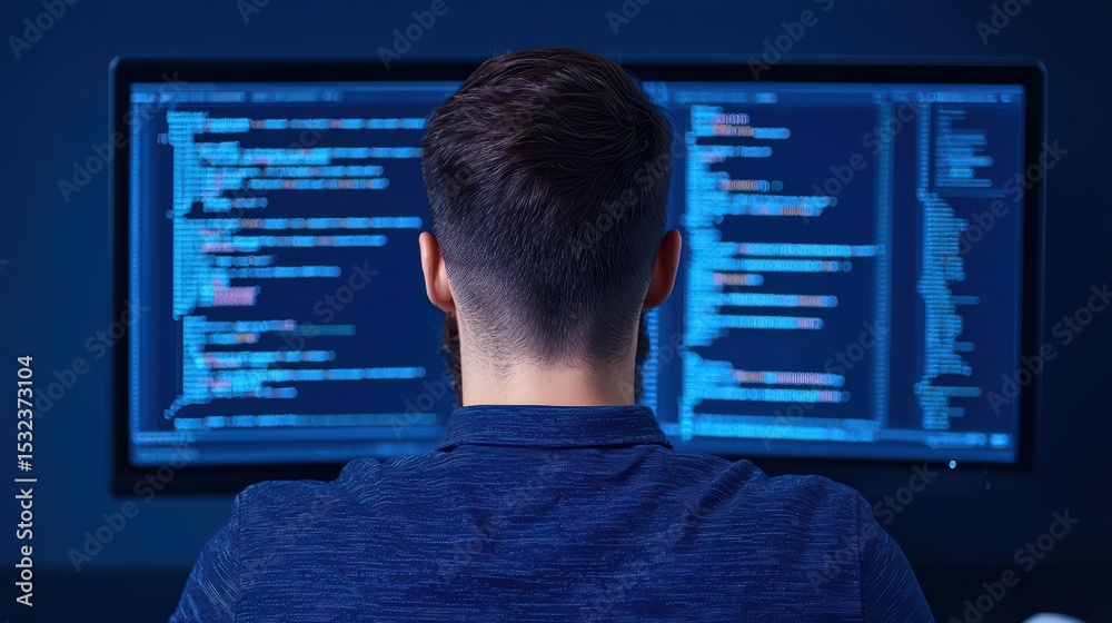Poster male programmer analyzing code on dual monitors in dark room with blue lighting for software develop