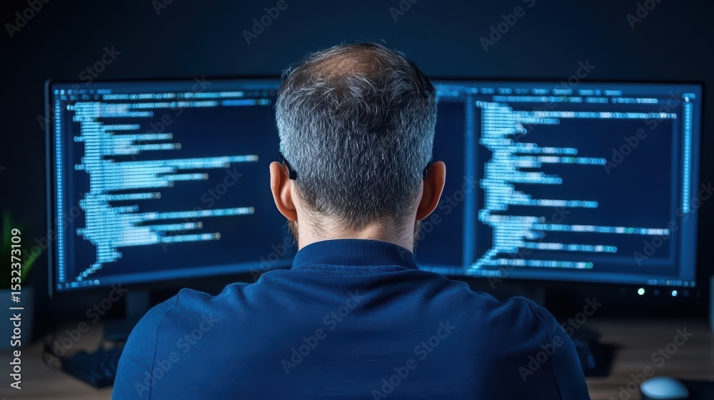 Poster focused programmer working on complex code with dual monitors in a dark office environment