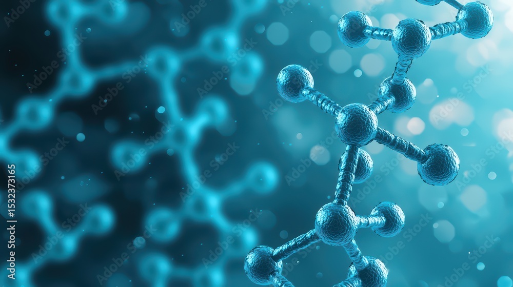 Poster molecular structure visualization in blue tones with blurred background and soft bokeh effects