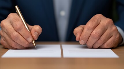 Man with Gold Pen Signing Documents at Office Desk with Clean Paper Sheets in Business Environment