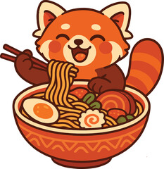 Cute Red Panda Eating Ramen Noodles, Adorable Kawaii Food Illustration


