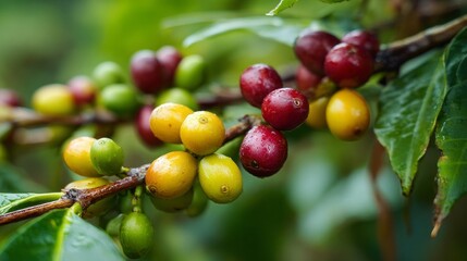 A bunch of green and red fruit hanging from a tree