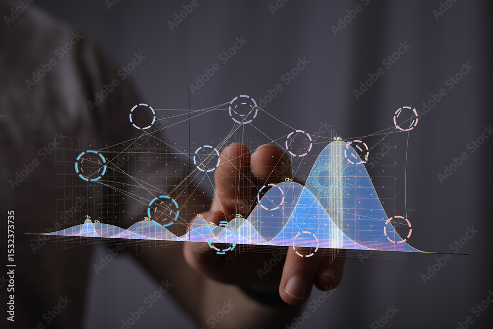 Poster Stock photo of a hand interacting with a holographic graph showing data analysis and business growth trends.