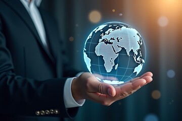 Global business concept businessman holding digital earth hologram in hand technology innovation 