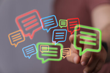 Abstract image of colorful speech bubbles, representing communication and social media.