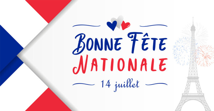 Happy National Day July 14 th French greeting card. Holiday poster with flag of France 3D frame and creative typography. Backdrop design. Graphic congrats with isolated elements.