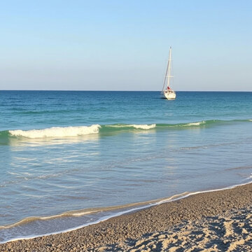 spiaggia con mare sullo sfondo e barca a vela