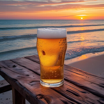 bicchiere di birra su tavolino in riva al mare