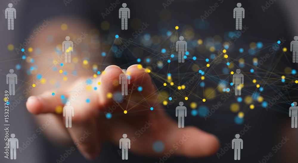 Poster hand interacts with a digital network of connected people, representing global communication and tea