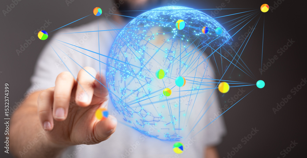 Poster Interactive globe showing interconnected data points.  Perfect for technology, networking, and global concepts.