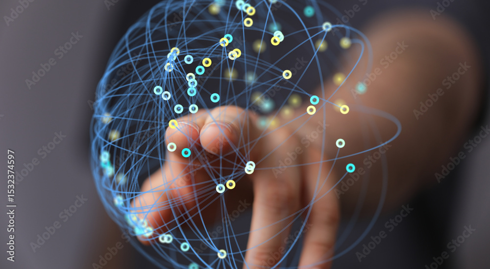 Aufkleber abstract image of a hand interacting with a digital network sphere. perfect for technology, connecti