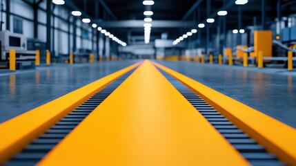 Yellow Line Marking on Floor in Modern Industrial Warehouse with High Ceilings and Advanced Machinery