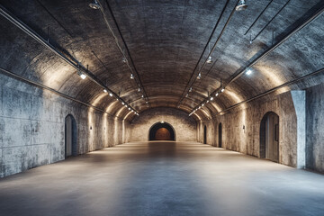 Long arched concrete hallway with doors and lights