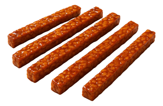 Five glazed tofu sticks with a textured surface arranged in parallel rows.