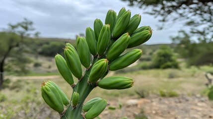 Obraz premium Closeup Green Cactus Buds Desert Landscape