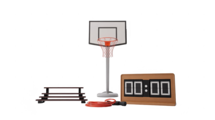 3d render of a basketball hoop, a jump rope, a bench and a scoreboard isolated on transparent background, perfect for fitness or sport related projects