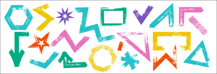 Colorful playful abstract geometric shapes in grunge doodle style. Naive brush drawn bold elements triangle lines.