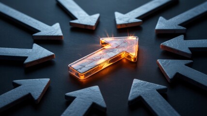 Glowing arrow among many grey arrows