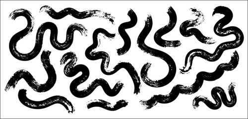 Collection of grunge black paint, ink brush strokes. Brush set isolated on transparent background. Abstract vector elements. Set of basic shapes and childish drawings.