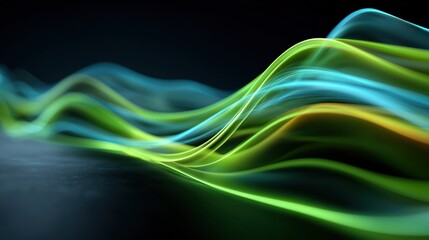 Curving organic lines with neon green, blue, and yellow hues glowing on dark surface

