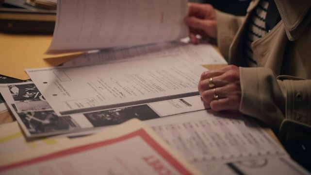 Female detective or spy flipping through pages of classified top secret documents and folders on office desk. Looking and searching information with censored text and redacted lines. Conspiracy leak