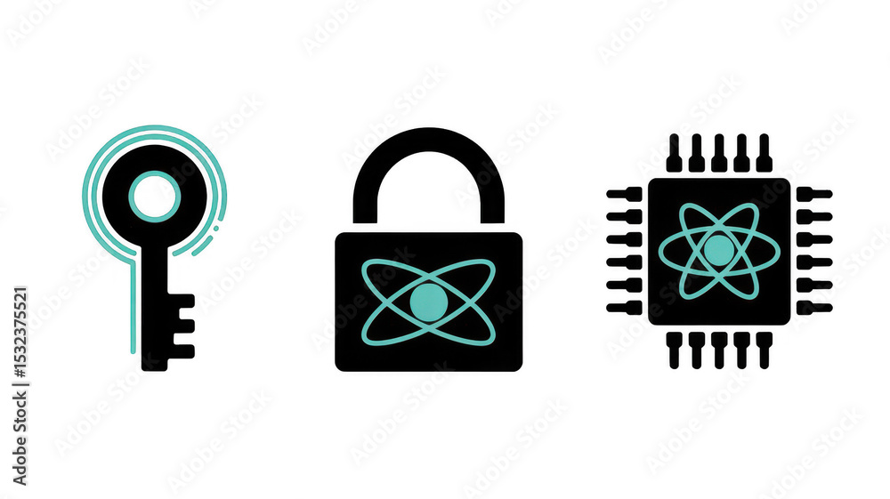 Poster key, lock, and processor icons with atomic symbols represent quantum computing security, highlightin
