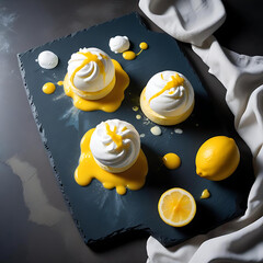Sorbetto al limone con coulis di mango e bolla di panna montata, disposti ad arte su una tavola di ardesia, fotografati dall'alto con luce naturale che filtra attraverso una finestra.