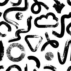 Grunge seamless pattern with circle, wave lines, triangles and dots. Hand drawn geometric shapes. Modern stylish texture. Vector ink Illustration print.