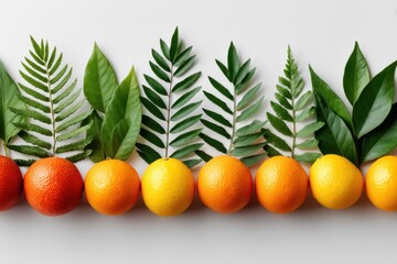 Display of vibrant citrus fruits and lush green leaves arranged in a striking composition on a clean surface