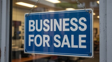 Blue business for sale sign in window