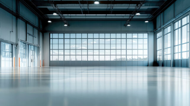 Modern empty aircraft hangar with large glass windows, polished floor, and bright natural light, creating spacious atmosphere