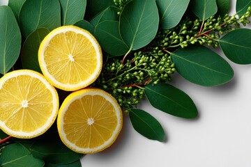 Fresh lemon slices arranged with vibrant eucalyptus leaves and green berries on a clean surface