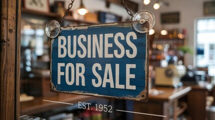 Vintage business for sale sign in shop window