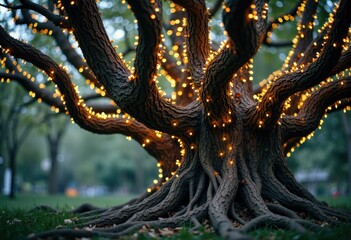 Naklejka premium A beautifully illuminated tree with glowing lights wrapped around its branches