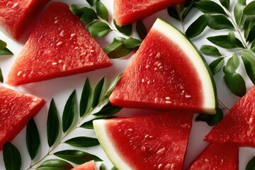 Fresh watermelon slices arranged with green leaves on a white surface