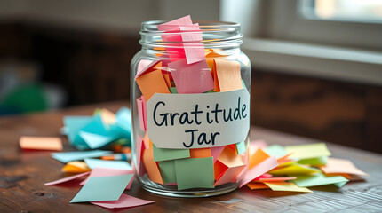 Gratitude jar filled with colorful notes expressing thankfulness and appreciation