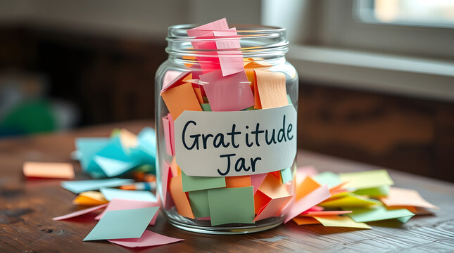 Gratitude jar filled with colorful notes expressing thankfulness and appreciation