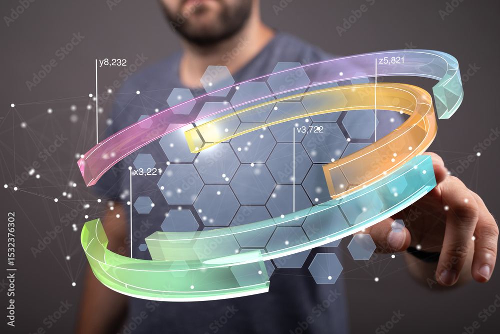 Poster A man interacts with a futuristic holographic display showing data analysis and growth.
