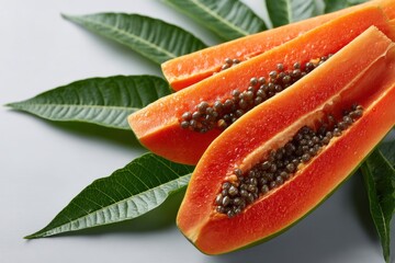 Freshly cut papaya halves resting on green leaves in a bright kitchen setting