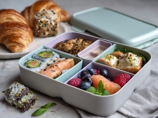 Delicious Bento Box Lunch: A pastel-colored bento box brimming with a variety of delightful foods, including sushi, croissants, fruit, and a creamy dip.