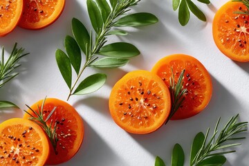 Freshly sliced orange fruit layered with aromatic herbs on a white surface
